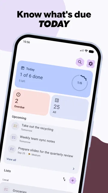 Agendula's home screen on Android, with a Today card showing 1 of 6 tasks done, tiles for 2 overdue and 25 total tasks, and an Upcoming list, under the headline "Know what's due today".