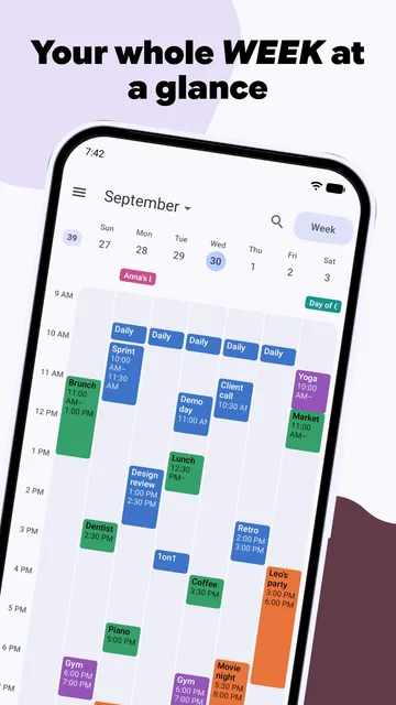 Calendula's week view on Android for 27 September to 3 October 2026, an hourly grid of colour-coded events from several calendars with the week switcher set to Week, under the headline "Your whole week at a glance".