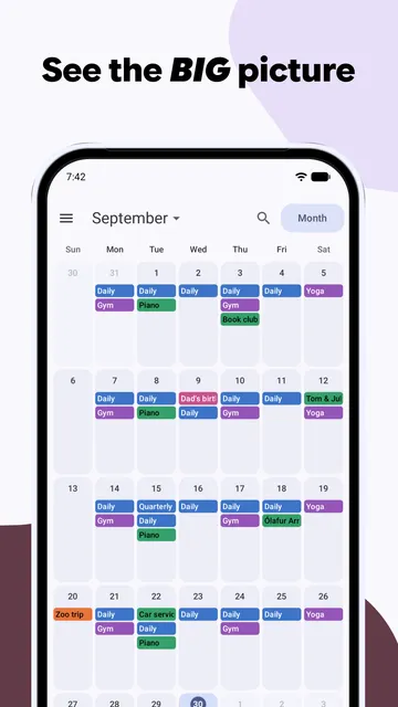 Month view of September 2026 in Calendula, each day carrying stacked colour-coded event chips such as Daily, Gym and Piano, under the headline "See the big picture".