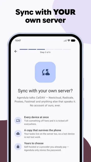 Agendula's setup screen asking "Sync with your own server?", naming Nextcloud, Radicale, Posteo and Fastmail as CalDAV servers, under the headline "Sync with your own server".