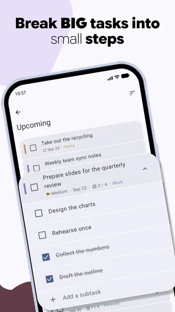 Agendula's Upcoming list with the task "Prepare slides for the quarterly review" expanded to show four subtasks, two of them ticked off, under the headline "Break big tasks into small steps".