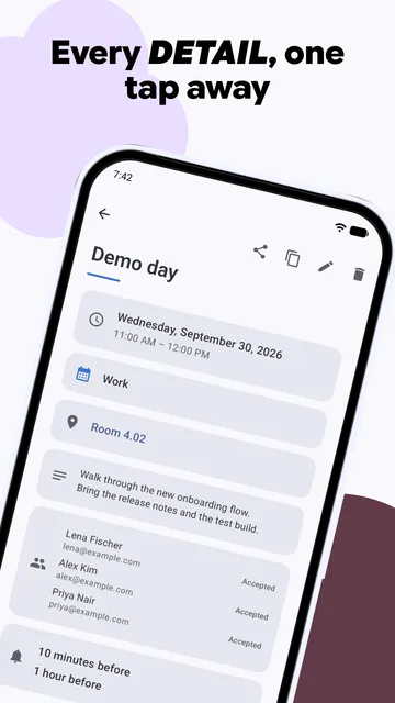 Event detail screen in Calendula for "Demo day", with date and time, the Work calendar, location, notes, three attendees who accepted and two reminders, plus share, duplicate, edit and delete actions, under the headline "Every detail, one tap away".