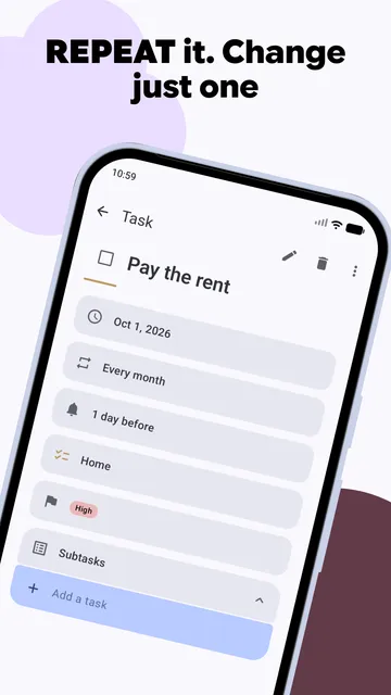 Task detail in Agendula for "Pay the rent", due 1 October 2026, repeating every month with a reminder one day before and high priority, under the headline "Repeat it. Change just one".
