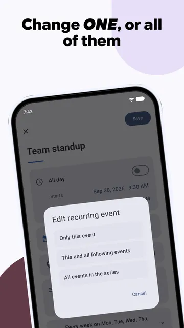 Editing the recurring "Team standup" event in Calendula, with a dialog asking whether to change only this event, this and all following events, or all events in the series, under the headline "Change one, or all of them".
