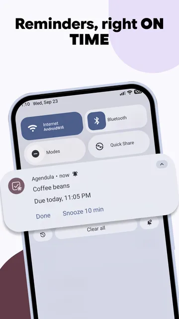 An Agendula reminder in the Android notification shade for "Coffee beans", due today at 11:05 PM, with Done and Snooze 10 min buttons, under the headline "Reminders, right on time".