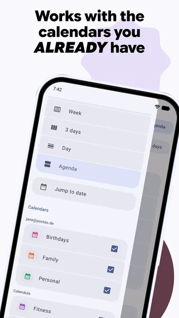 Calendula's navigation drawer with the Week, 3 days, Day and Agenda views, Jump to date, and a calendar list grouped by account, each calendar with its colour and a visibility checkbox, under the headline "Works with the calendars you already have".