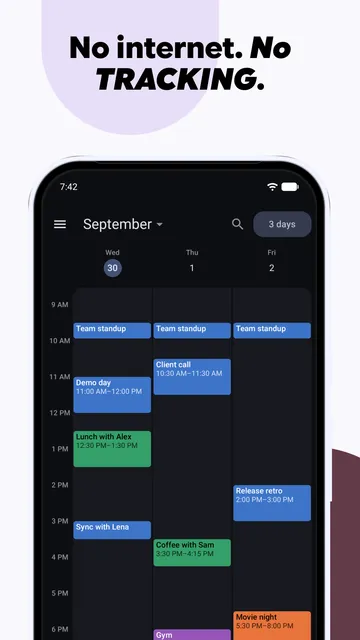 Calendula's three-day view in dark theme for 30 September to 2 October 2026, colour-coded events on a dark hourly grid, under the headline "No internet. No tracking."
