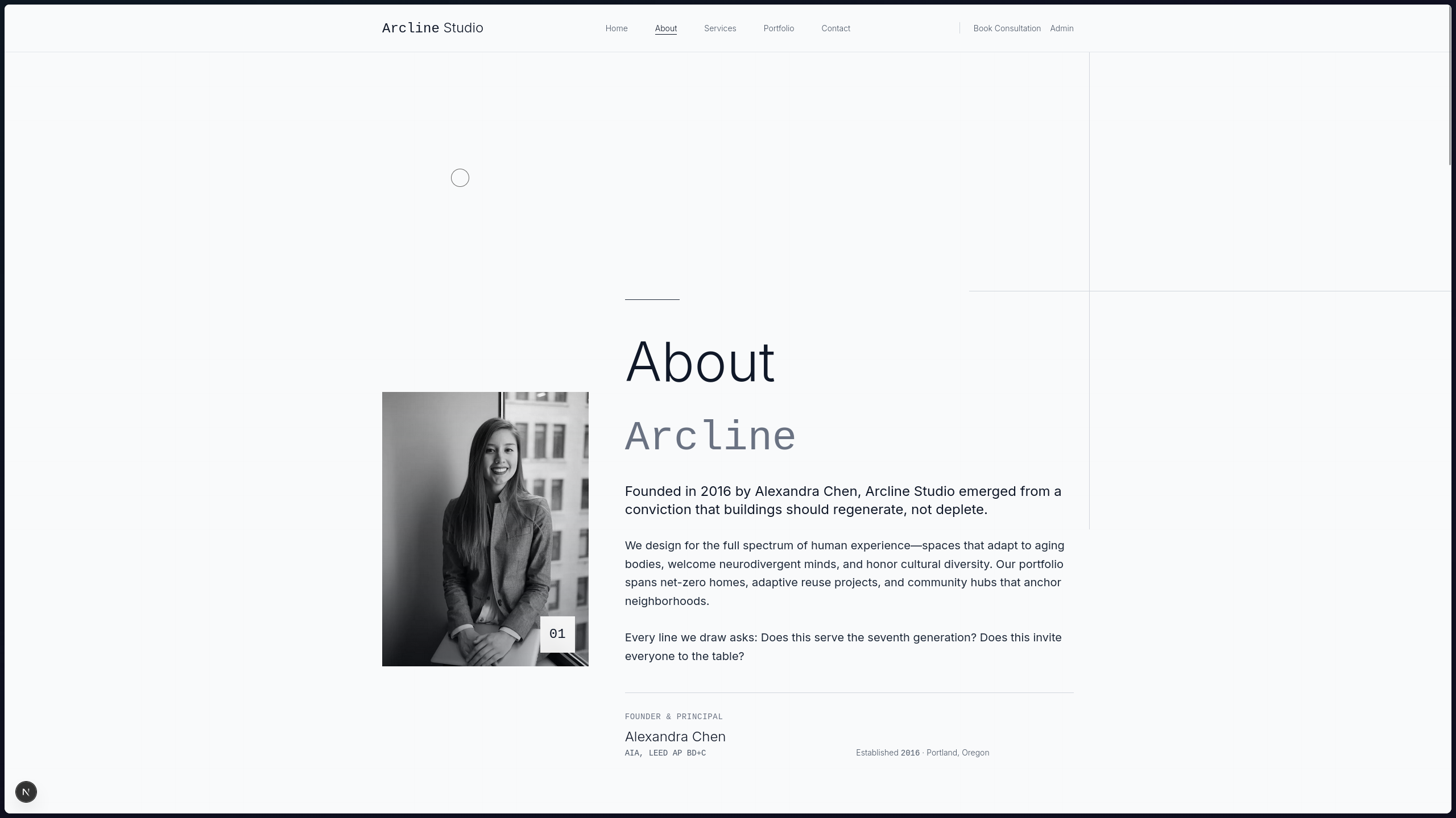 Arcline Studio About Page - Studio philosophy, team introduction, and architectural approach presentation