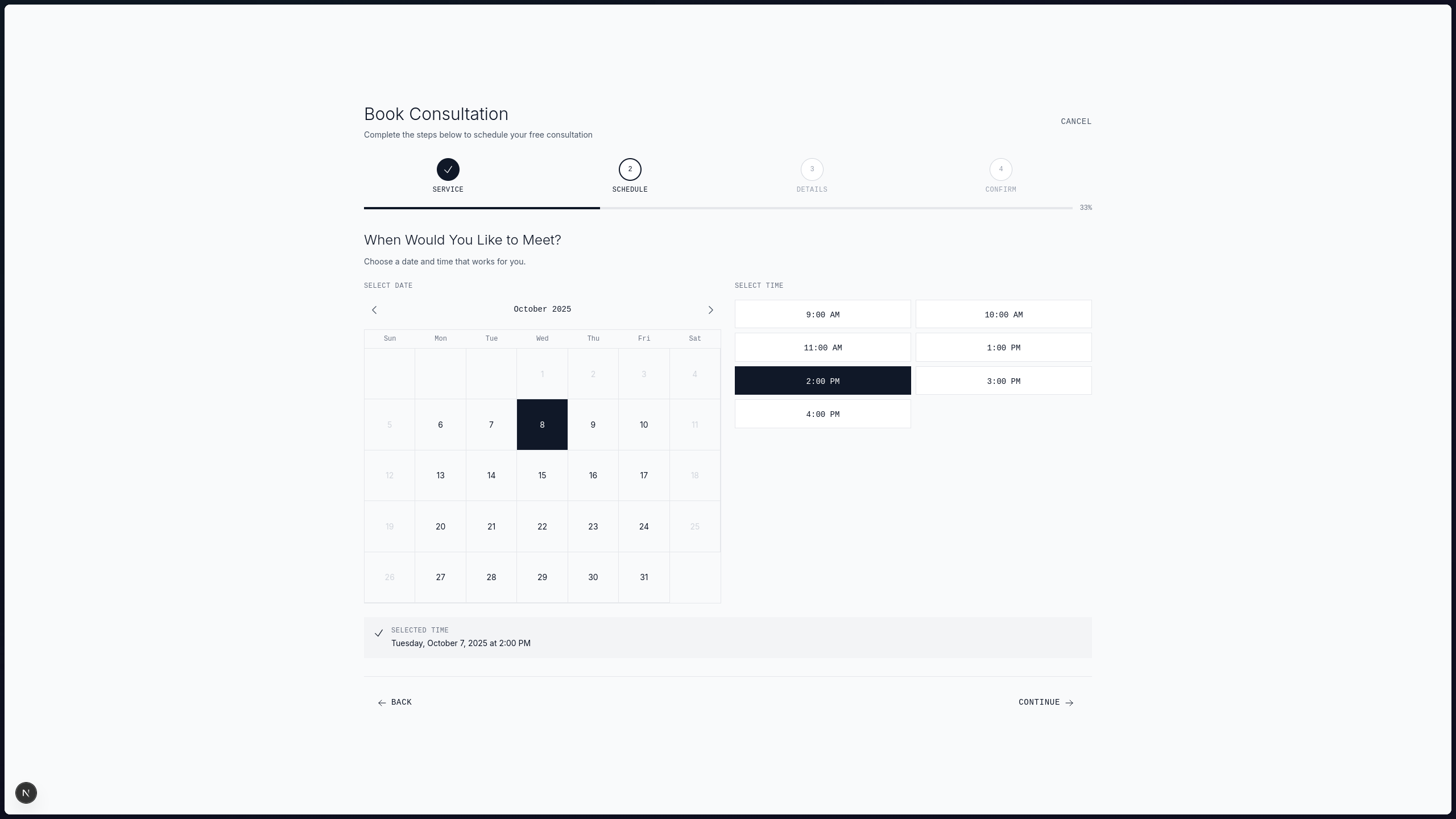 Arcline Studio Appointment Scheduler - Integrated booking system for consultations with date, time, and service selection