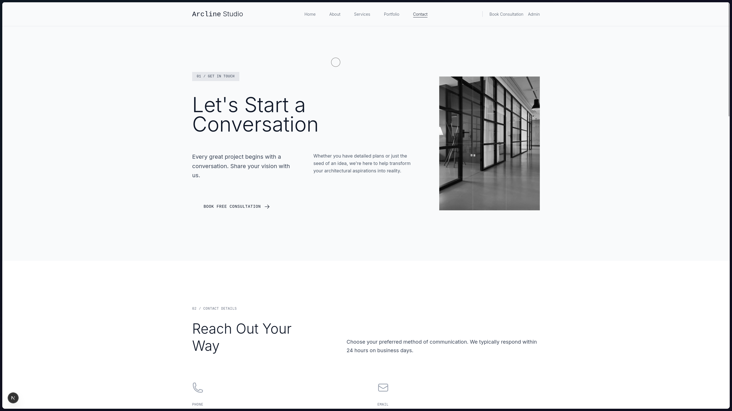 Arcline Studio Contact Page - Multiple contact options with integrated map and inquiry form