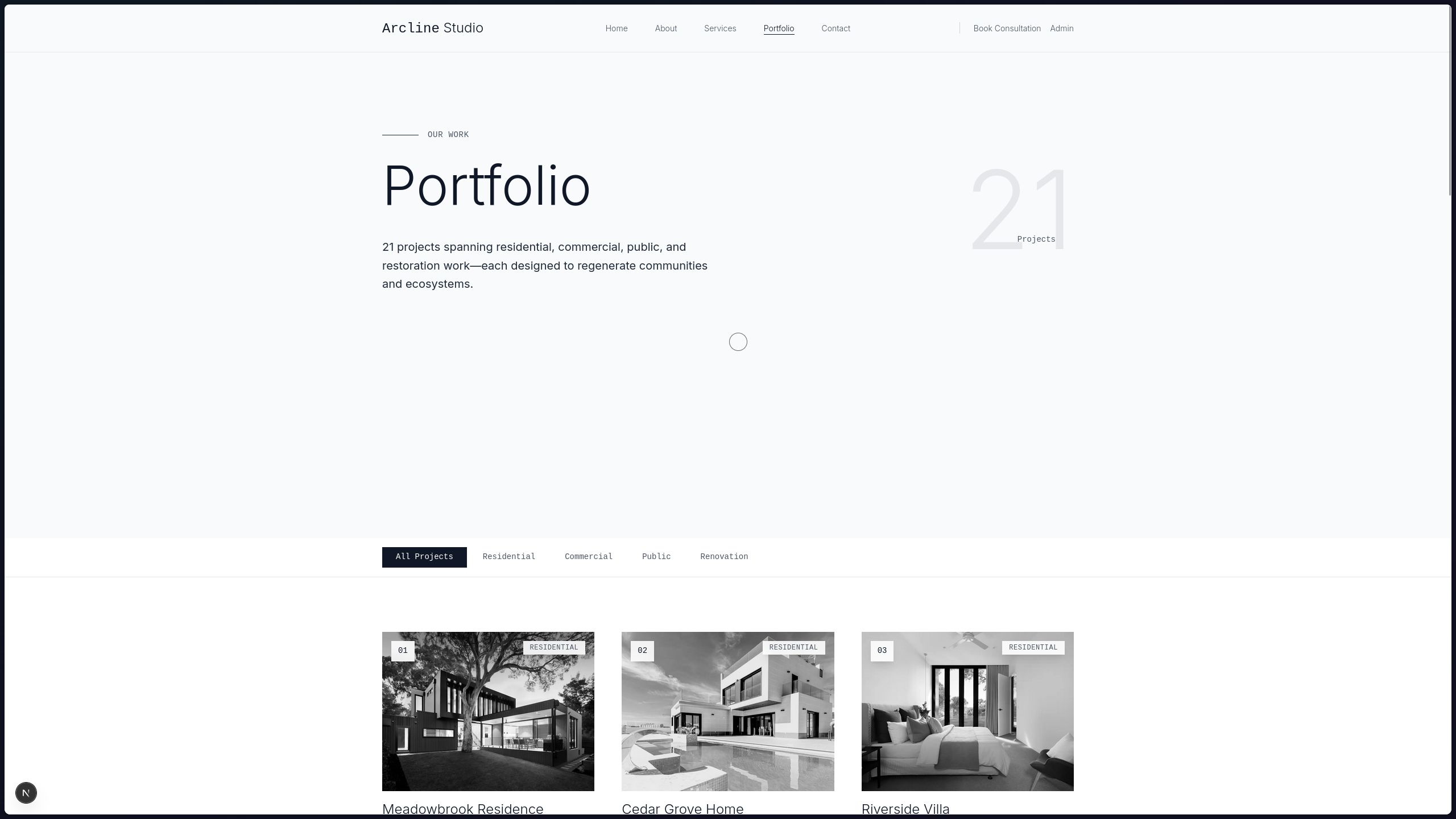 Arcline Studio Portfolio Gallery - Curated showcase of architectural projects with detailed imagery and project information