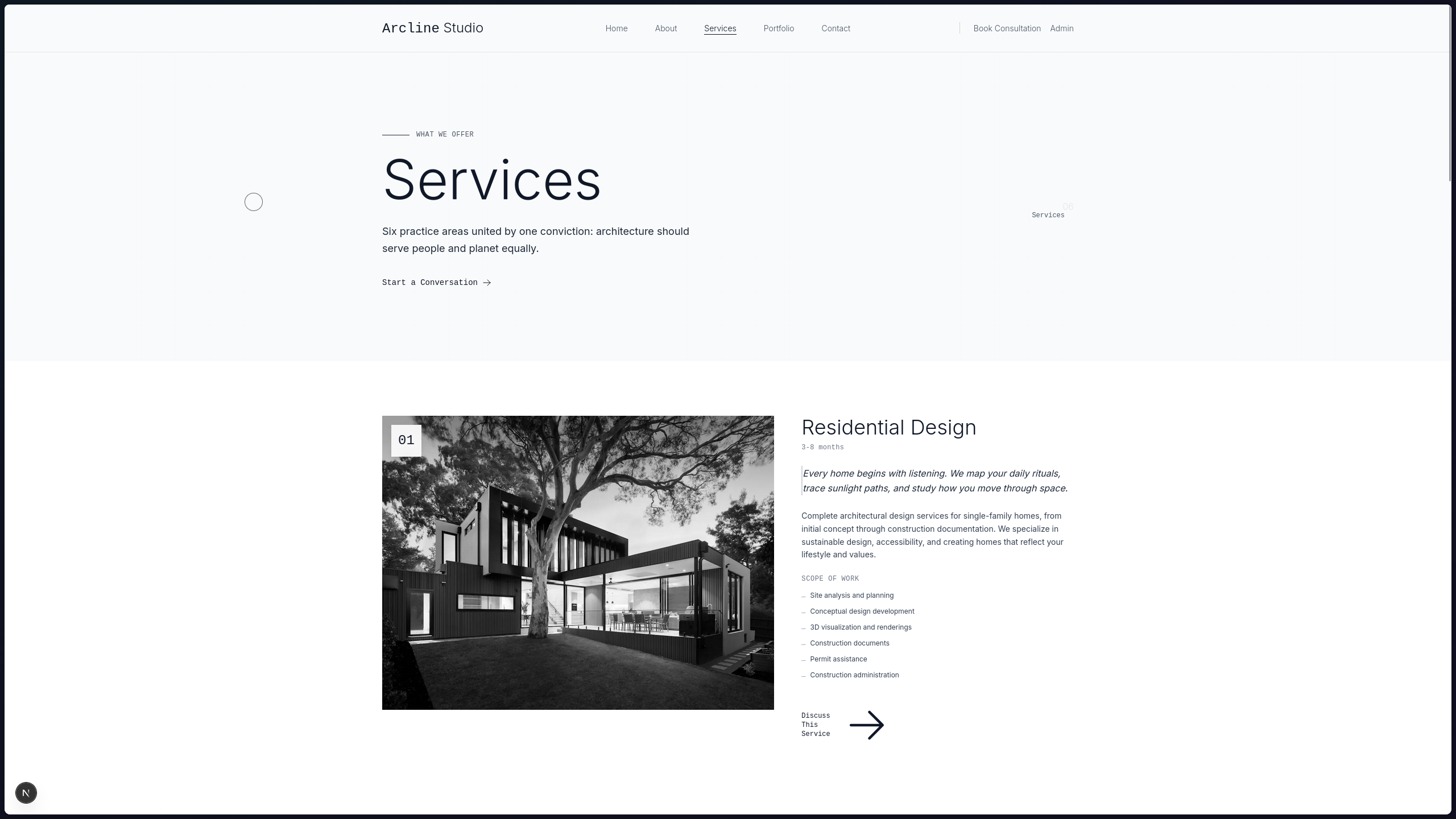 Arcline Studio Services Page - Comprehensive overview of architectural services and design capabilities