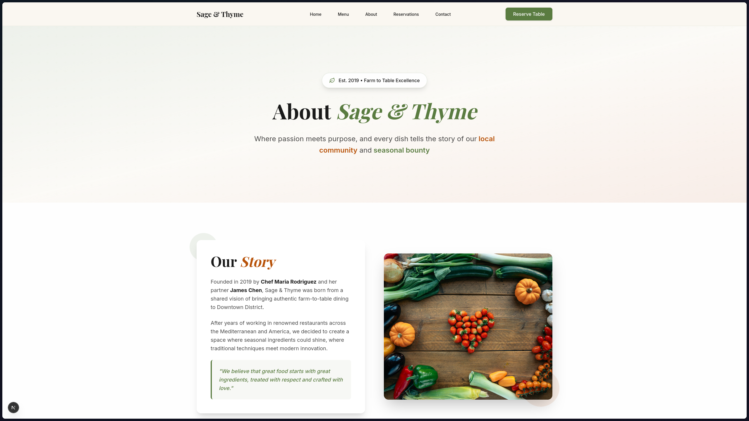 Sage & Thyme About Page - Restaurant story, chef profiles, and team introduction with authentic dining philosophy