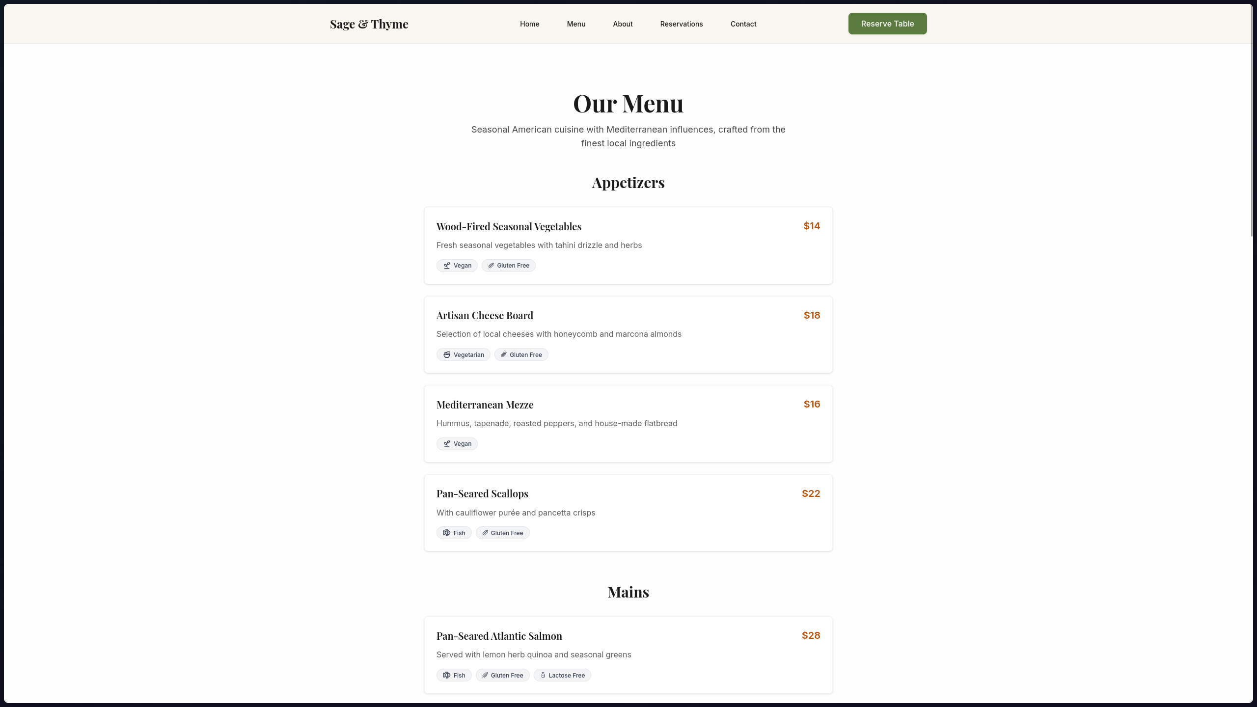 Sage & Thyme Interactive Menu - Digital restaurant menu with detailed dish descriptions, pricing, and dietary information